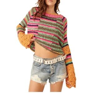Free People Butterfly Mixed Stripe Cotton Blend Sweater Size M